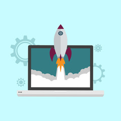 Startup launch flat icon concept with rocket flight and laptop screen