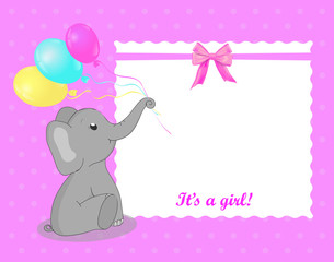Fototapeta premium Greeting card with elephant for a girl on Baby Shower. White frame on pink background. Baby shower invitation card with grey elephant and balloons and bow. Vector illustration eps10