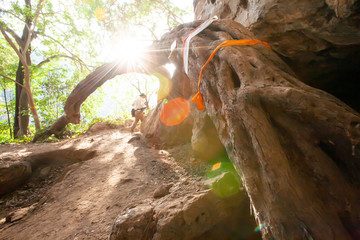 Large wild tree’s root with prayer flags.