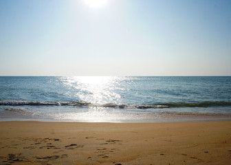 Sunny sandy coast on the ocean on the southern tropical island of Sri Lanka.