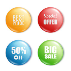 Set of glossy sale buttons or badges. Product promotions. Big sale, special offer, 50% off. Vector.