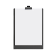 Black clipboard with white blank sheet of paper - realistic mockup