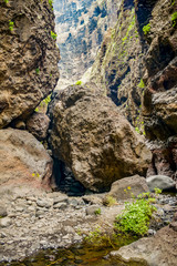 Rocks in the Masca gorge, Tenerife, showing solidified volcanic lava flow layers and arch formation. The ravine or barranco leads down to the ocean from a 900m altitude.