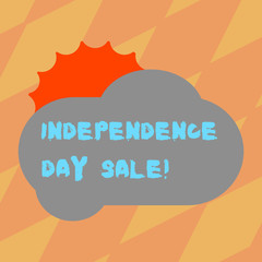 Fototapeta na wymiar Text sign showing Independence Day Sale. Conceptual photo Promotions and discounts during Independence Day Sun Hiding Shining Behind Blank Fluffy Color Cloud photo for Poster Ads