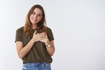 Romance, feelings, wellbeing concept. Portrait charming sincere charismatic girlfriend confessing...