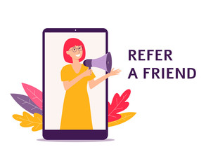 Woman with a loudspeaker the recommendation to refer a friend vector illustration.
