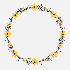 Floral greeting card and invitation template for wedding or birthday anniversary, Vector circle shape of text box label and frame, Yellow flowers wreath ivy style with branch and leaves.