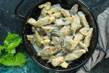 chicken with mushrooms in a creamy sauce - snacks. healthy food and menu. copy space