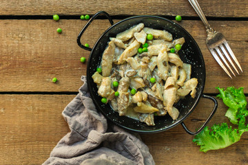 chicken with mushrooms in a creamy sauce - snacks. healthy food and menu. copy space