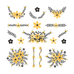 Isolated yellow flower elements with branch and leaves. Vector wreath bouquet and decorative object. Set of blooming floral material for graphic design.
