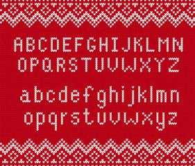 Knitted texture background with alphabet. Knit geometric ornament with letters in scandinavian style.