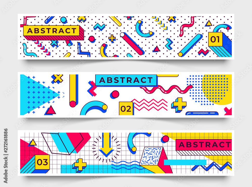 Poster three horizontal banners. abstract 90s trends elements with multicolored simple geometric shapes. sh