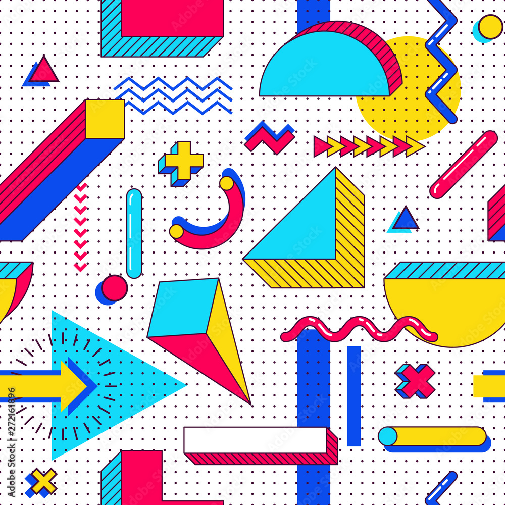 Poster seamless memphis pattern. abstract 90s trends elements with multicolored simple geometric shapes. sh