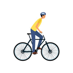 Young man riding a bike - happy flat cartoon character with helmet on bicycle ride.