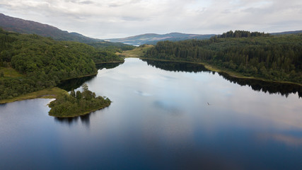 Aerial view of one of the many lake found in Isle of Skye, Scotland.