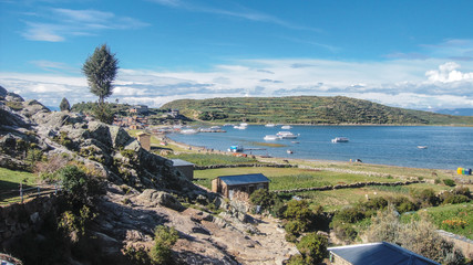 Boats on Copacabana coast in Lake Titicaca, Bolivia