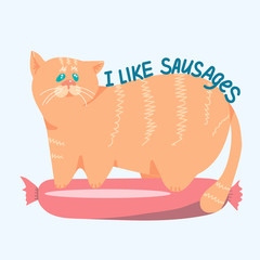Thick red cat holding a sausage. Cats like meat. Funny pet. Vector illustration.