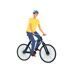 Happy cyclist on bicycle ride, young cartoon man sitting on modern bike wearing helmet and smiling