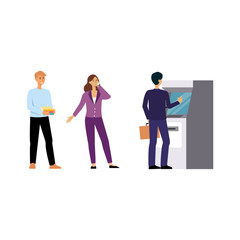 People standing in line for ATM machine in the bank to withdraw money, cartoon men and woman waiting for cash transaction