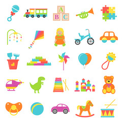 Baby toy. Vector. Set kids toys isolated. Baby shower stuff in flat design on white background. Colorful cartoon illustration. Collection children icons.