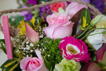 Close-up photo of a red, pink and roses bonteque backgrounds. Rose in Valentine s day. Colorfull roses.