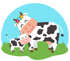 A cow and her calf together on a blue background. Vector illustration. 