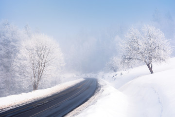 road through forest in winter. amazing foggy weather. trees in hoarfrost. roadside covered with high snow. cold and bright forenoon. deceptive nature beauty concept. keep your eyes on the road message