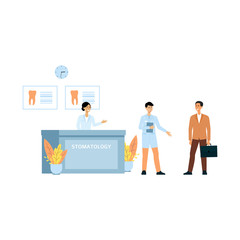 Manager at reception desk and the dentist welcomes patients vector illustration.