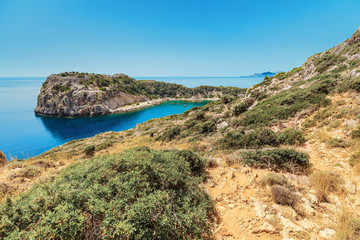 Fototapeta na wymiar Place named Anthony Quinn Bay lagoon in Rhodes island, Greece. Panoramic sea paradise landscape