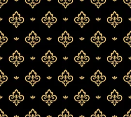 Behang Zwart goud Behang in de stijl van de barok. Naadloze vectorachtergrond. Goud en zwart bloemenornament. Grafisch patroon voor stof, behang, verpakking. Sierlijk damast bloemornament