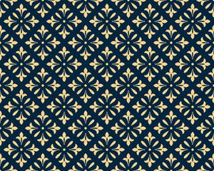 Geometrische bloempatroon. Naadloze vectorachtergrond. Donkerblauw en gouden ornament. Ornament voor stof, behang, verpakking, decoratieve print