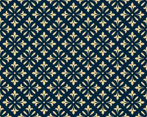 Foto op Plexiglas Blauw goud Geometrische bloempatroon. Naadloze vectorachtergrond. Donkerblauw en gouden ornament. Ornament voor stof, behang, verpakking, decoratieve print