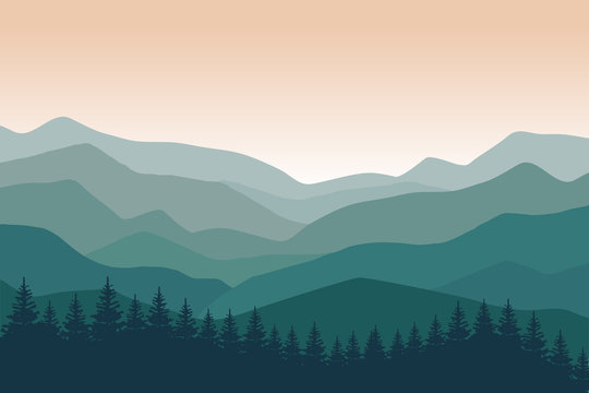 Mountain landscape with blue silhouettes of forest trees mountains and hills. Sunrise. Panoramic mountain view. Vector illustration.
