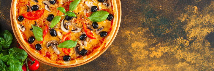 pizza, mushrooms, olives, chicken, tomato sauce, cheese, (pizza ingredients). hot pizza. Top view. copy space