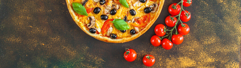 pizza, mushrooms, olives, chicken, tomato sauce, cheese, (pizza ingredients). hot pizza. Top view. copy space