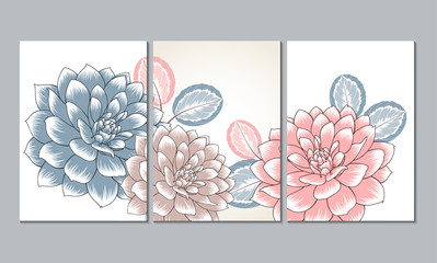 A set of 3 canvases for wall decoration in the living room, office, bedroom, kitchen, office. Home decor of the walls. Floral background with flowers of dahlias. Element for design. 
