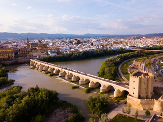 Fototapeta na wymiar Aerial view of Cordoba with Roman Bridge and Mosque–Cathedral