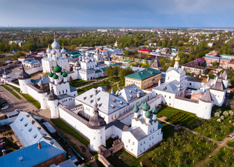 Fototapeta na wymiar Aerial view of city of Rostov-on-don with monastery and river Don