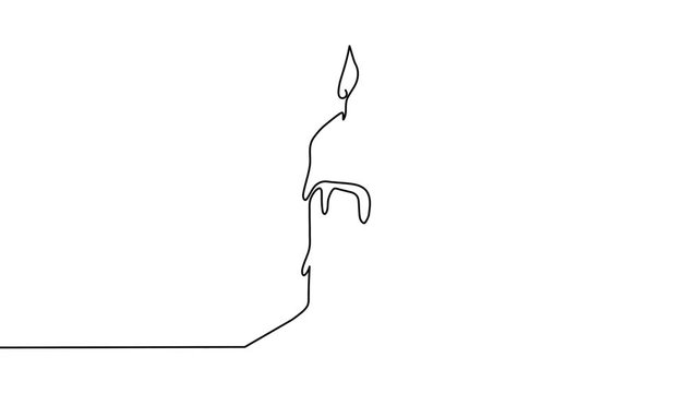 Single wax candle with flame and leakeds in style of one isometric continuous line black color. Self drawing. Motion graphics