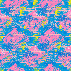 Fototapeta na wymiar Pink, blue grunge seamless pattern with abstract hand drawn brush strokes and paint splashes. Messy infinity texture, modern grungy background. Vector illustration. 