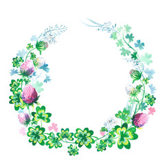 Hand drawn botanical watercolor round frame with clover flowers, stems and leaves isolated image