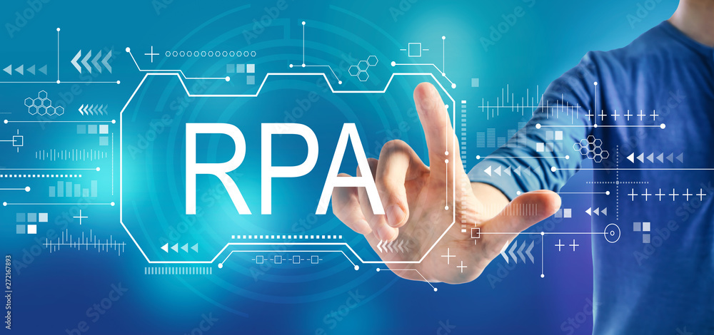 Poster robotic process automation concept with a man on a blue background