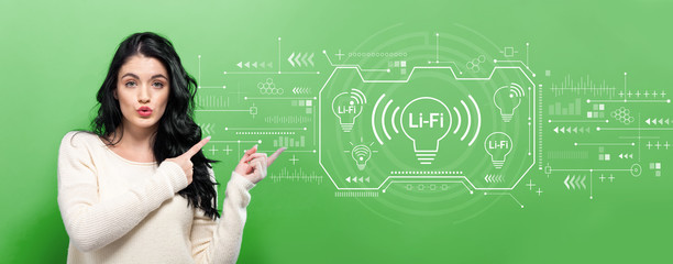 LiFi theme with young woman pointing on a green background
