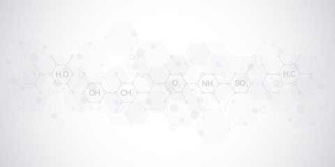 Abstract chemistry pattern on soft grey background with chemical formulas and molecular structures. Template design with concept and idea for science and innovation technology.