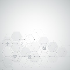Fototapeta premium Abstract medical background with flat icons and symbols. Template design with concept and idea for healthcare technology, innovation medicine, health, science and research.
