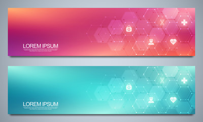 Banners design template for healthcare and medical decoration with flat icons and symbols. Science, medicine and innovation technology concept.