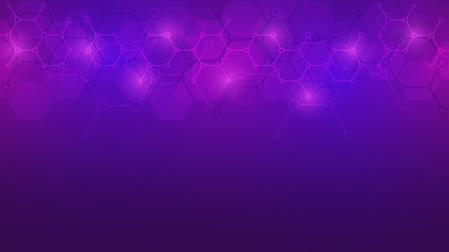 Abstract molecules on purple background. Molecular structures or chemical engineering, genetic research, technological innovation. Scientific, technical or medical concept. © berCheck