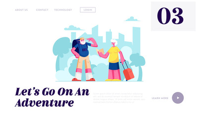 Aged Couple Voyage, Senior Tourists, Elderly Traveling People with Photo Camera and Luggage Search Right Way in Foreign Country Website Landing Page, Web Page. Cartoon Flat Vector Illustration, Banner