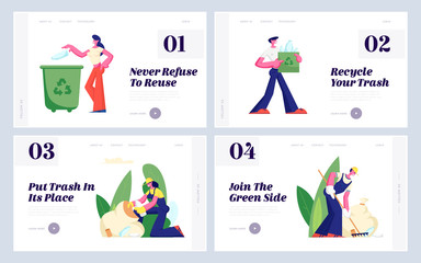 Ecology Protection, Recycling, Plastic Reuse Website Landing Page Set, Volunteers Cleaning Garbage, People Collecting Trash, Charity Social Concept, Web Page. Cartoon Flat Vector Illustration, Banner