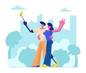 Disabled Man and Woman with Leg and Arm Prosthesis Making Selfie on Cityscape Background, Motivation and Bodypositive Concept. Invalids Family or Friends Couple, Love. Cartoon Flat Vector Illustration